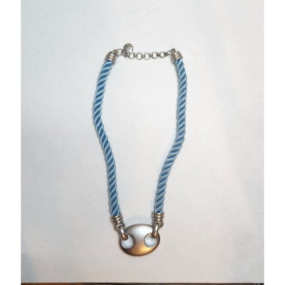 Blue Roped Cord Silvertone Pendant Choker Statement Piece 16" Marked MW - Picture 1 of 4